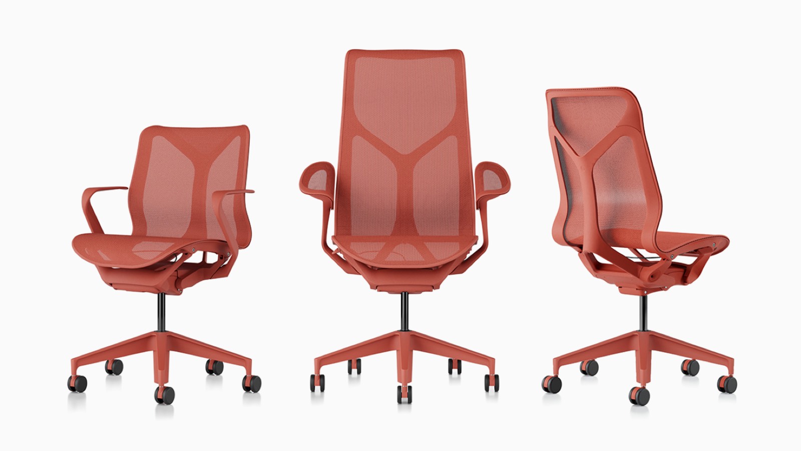 Cadeiras de mesa ergonômicas Low-back, high-back e mid-back Cosm com materiais de suspensão, bases e estruturas em vermelho Canyon.