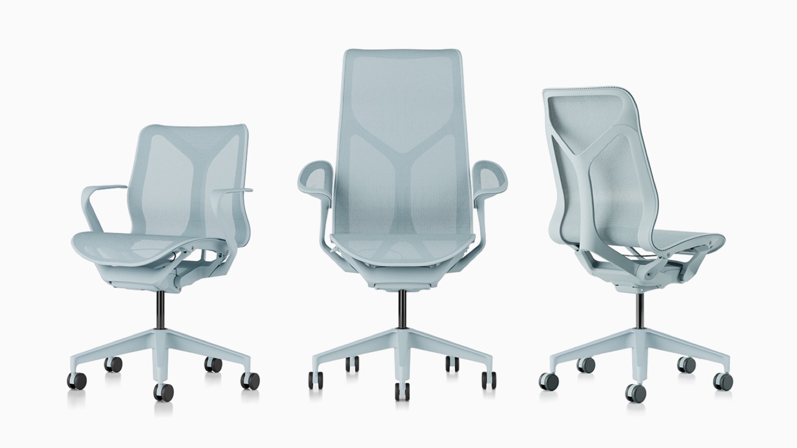Cadeiras de mesa ergonômicas Low-back, high-back e mid-back Cosm com materiais de suspensão, bases e molduras em azul claro Glacier.