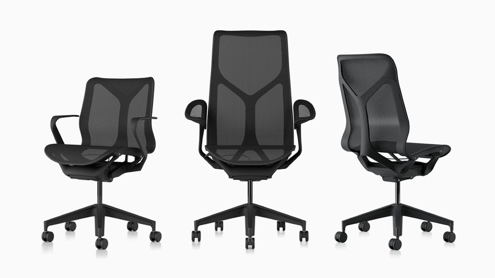 Cadeiras de mesa ergonômicas Low-back, high-back e mid-back Cosm com materiais de suspensão, bases e estruturas em cinza escuro Graphite.